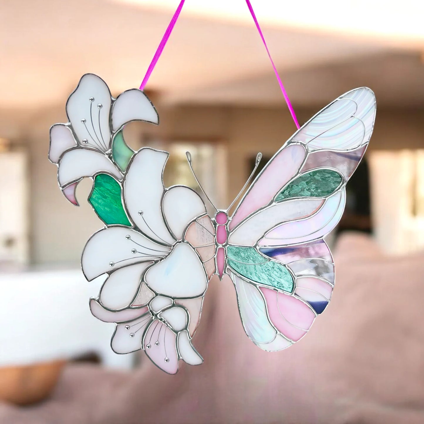Floral Butterfly ·  Stained Glass Suncatcher · Lilac Blossom Wing
