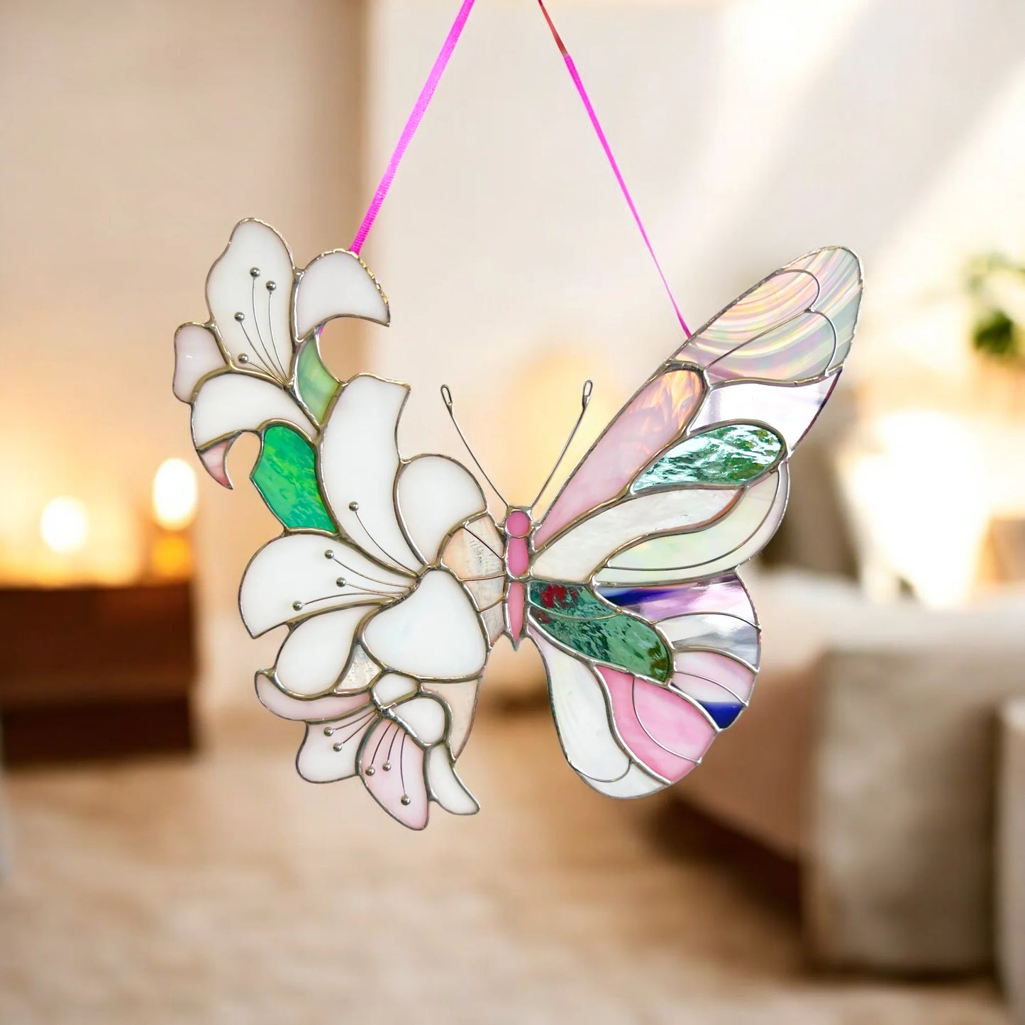 Floral Butterfly ·  Stained Glass Suncatcher · Lilac Blossom Wing