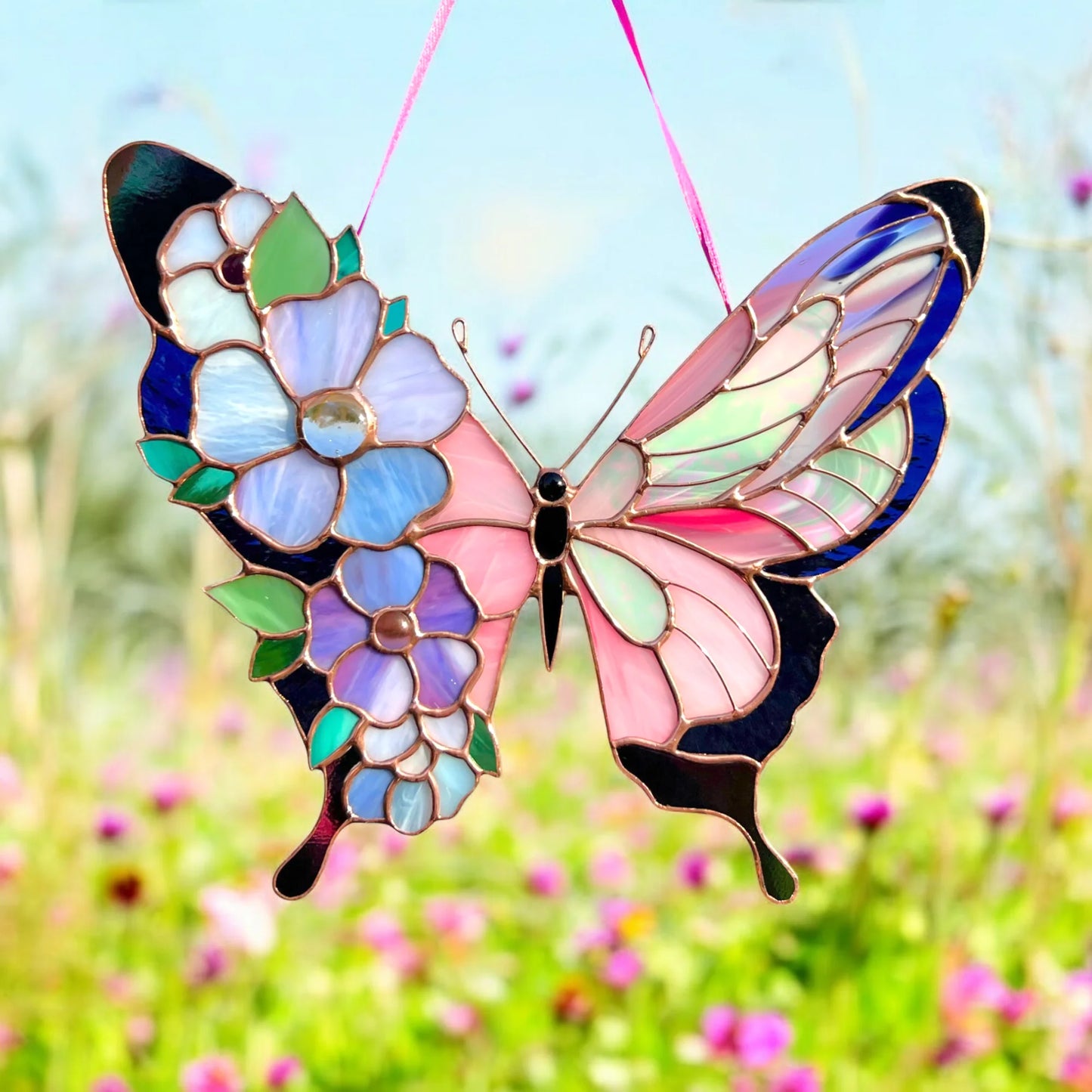 Pink Butterfly with Floral Wings · Stained Glass Suncatcher