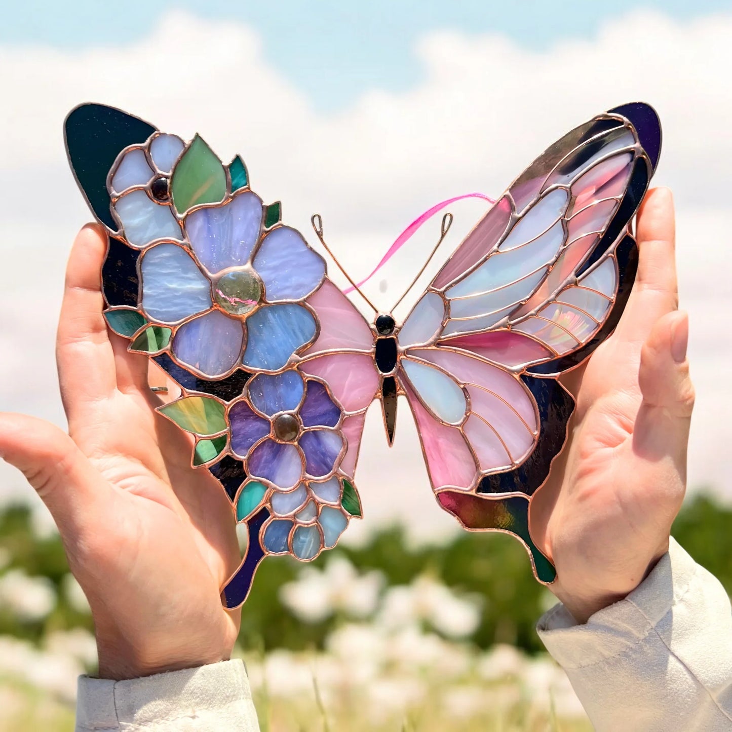 Pink Butterfly with Floral Wings · Stained Glass Suncatcher