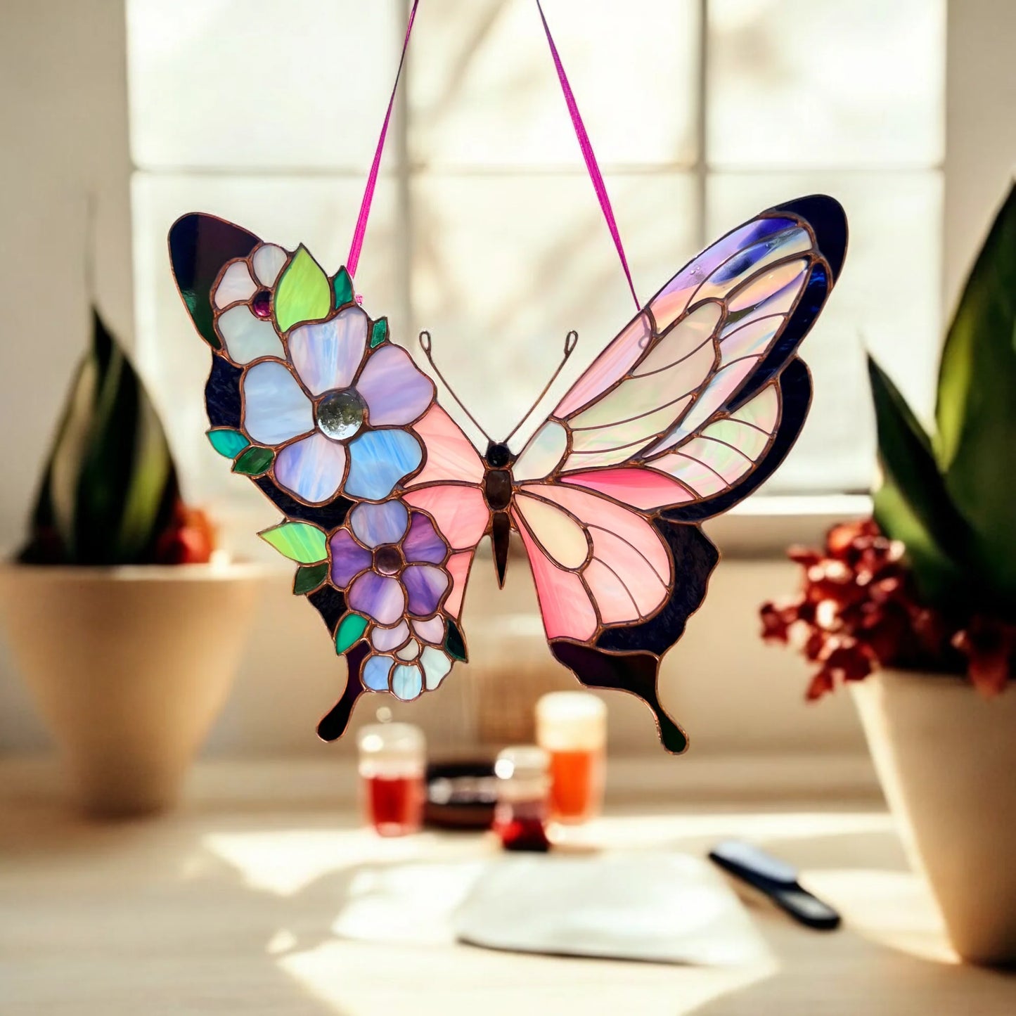 Pink Butterfly with Floral Wings · Stained Glass Suncatcher