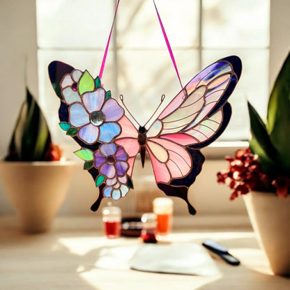 Pink Butterfly with Floral Wings · Stained Glass Suncatcher
