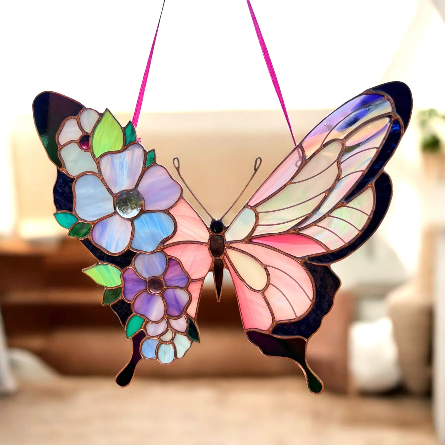Pink Butterfly with Floral Wings · Stained Glass Suncatcher