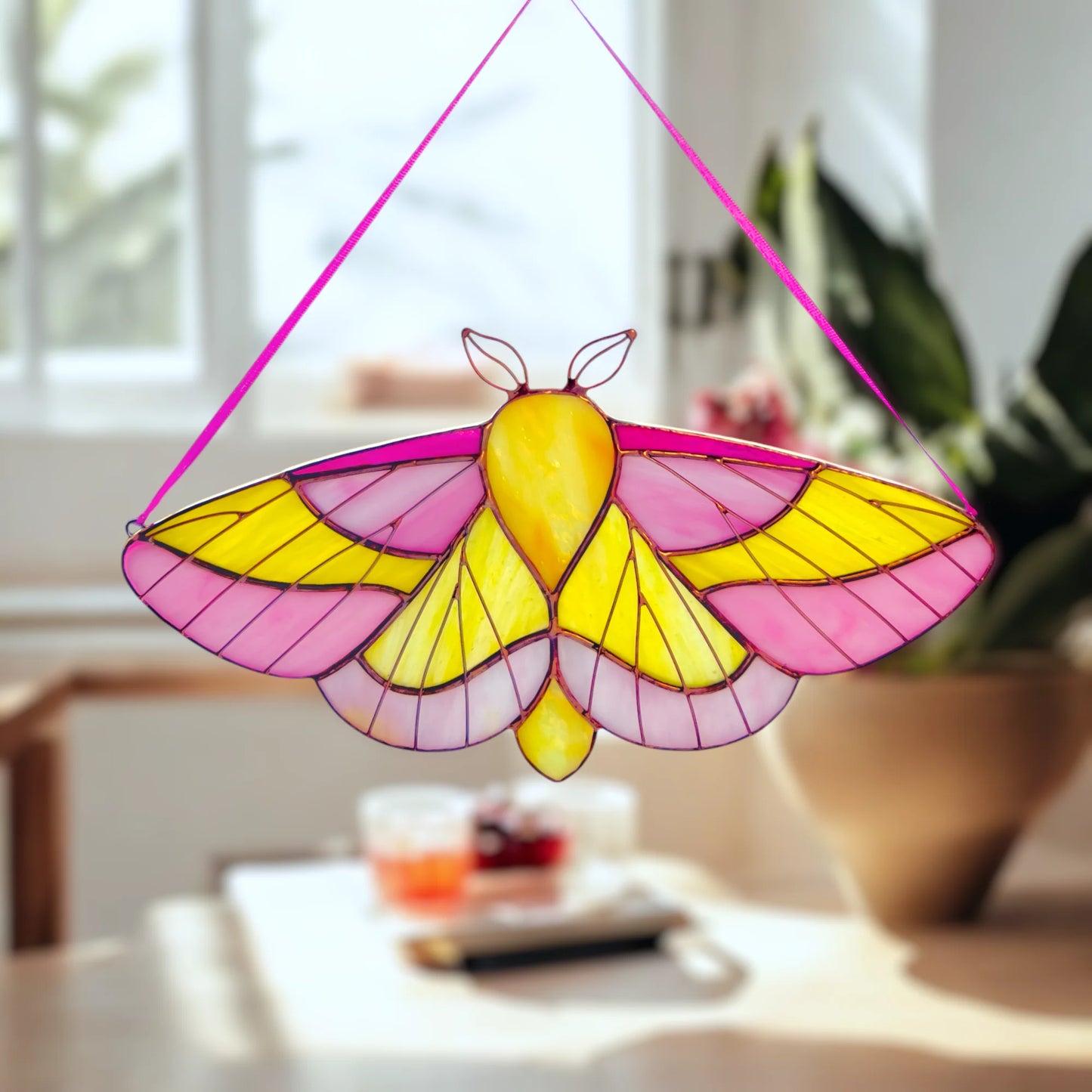 Rosy Maple Moth ·  Stained Glass Suncatcher