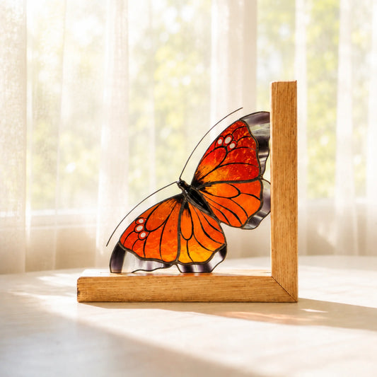 A vibrant orange stained glass monarch butterfly bookend placed on a sunny windowsill against light curtains, ideal for gifting.