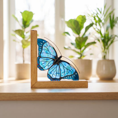 Stained glass morpho butterfly bookend made with iridescent stained glass on a table near the window
