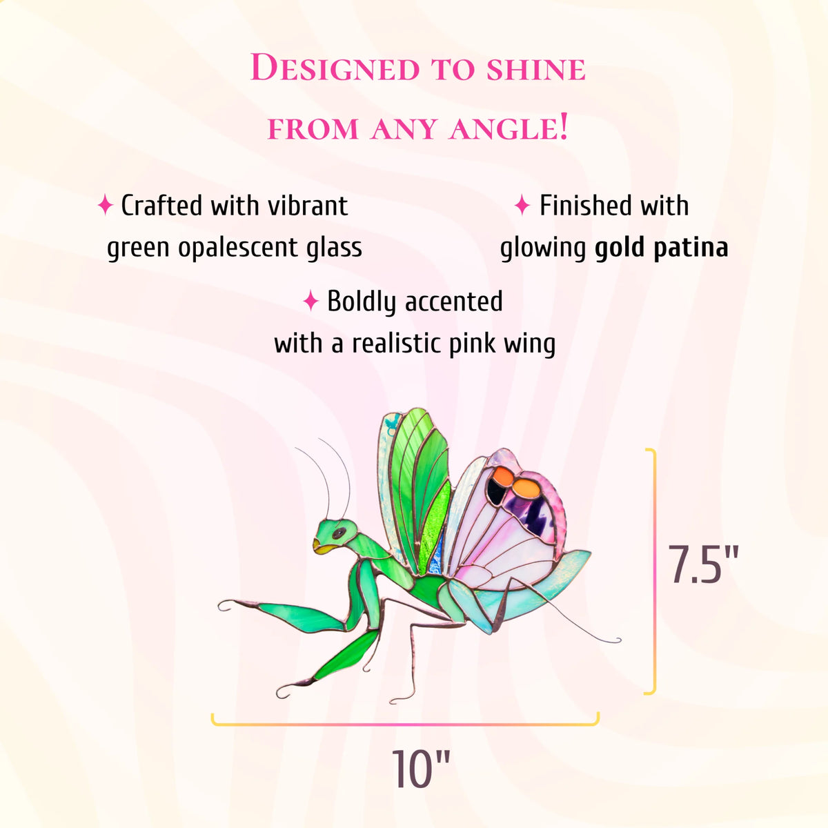 A decorative stained glass praying mantis wall art piece, labeled as 10 inches wide by 7.