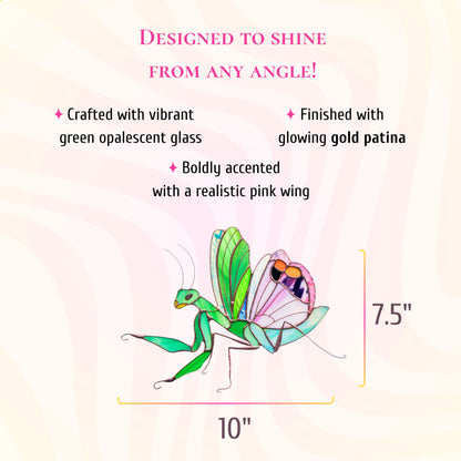A decorative stained glass praying mantis wall art piece, labeled as 10 inches wide by 7.