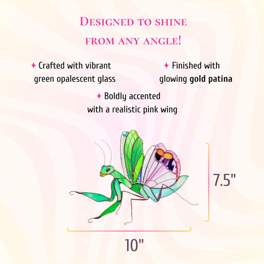 A decorative stained glass praying mantis wall art piece, labeled as 10 inches wide by 7.