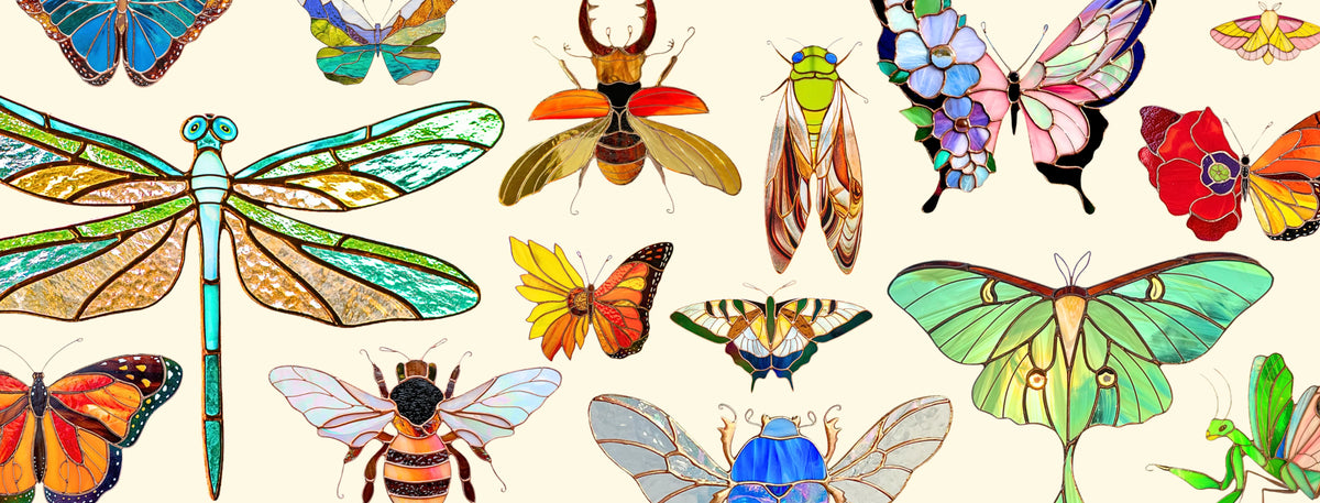 A repeating pattern of colorful stained glass insects on a light cream background, including butterflies, dragonflies, bees, moths, beetles, and a frog.