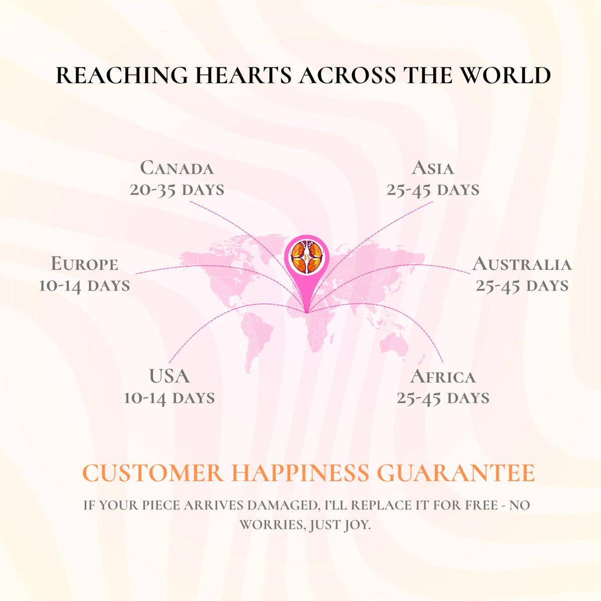 Promotional graphic for a stained glass suncatcher. Delivery to Canada, Asia, Australia, Africa, and Europe, with careful packaging and a customer happiness guarantee.