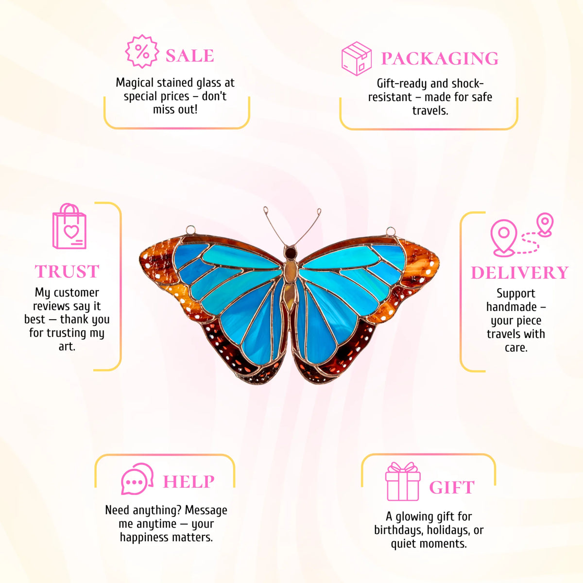  This stained glass morpho butterfly  infographic highlights its beauty as a wonderful gift for any celebration.