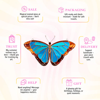 This stained glass morpho butterfly  infographic highlights its beauty as a wonderful gift for any celebration.