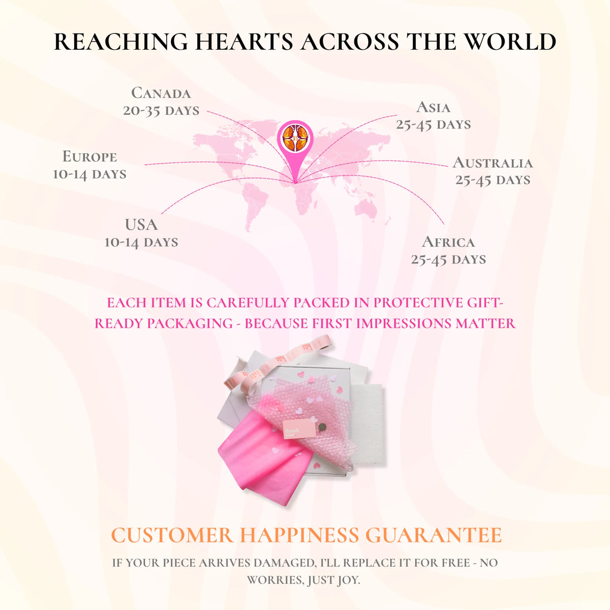 Promotional graphic for a stained glass suncatcher. Delivery to Canada, Asia, Australia, Africa, and Europe, with careful packaging and a customer happiness guarantee.