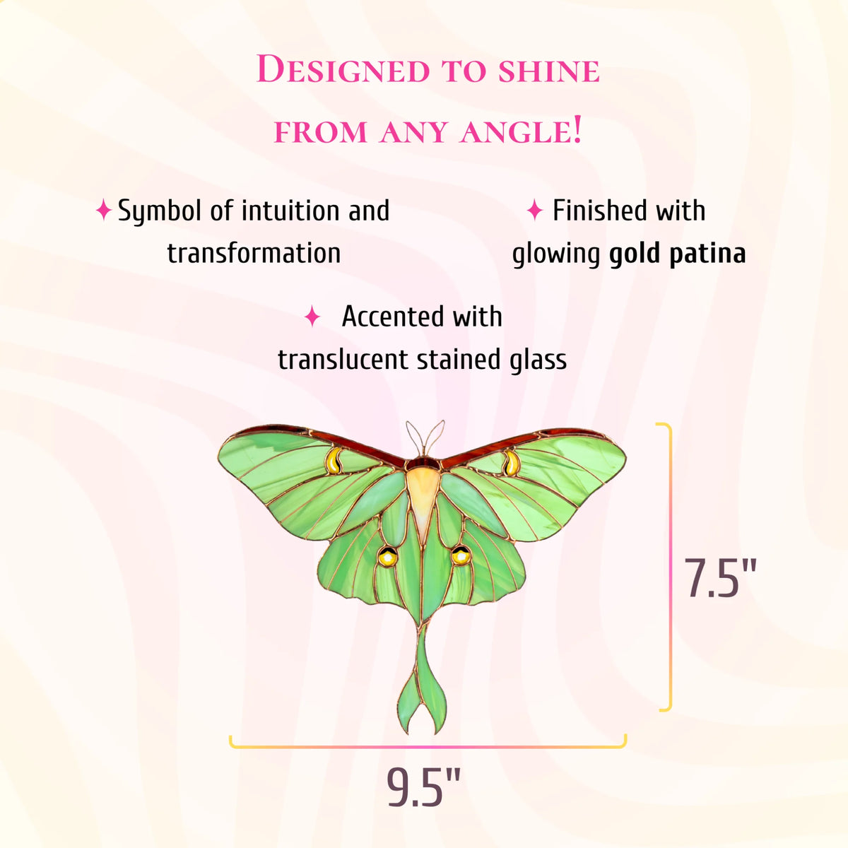 Stained glass green luna moth dimensions infographic showing a height of 7.5 inches and a width of 9.5 inches.