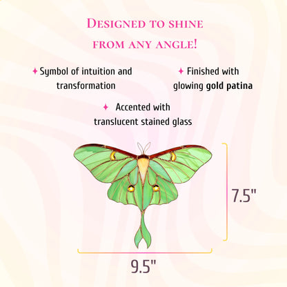 Stained glass green luna moth dimensions infographic showing a height of 7.5 inches and a width of 9.5 inches.