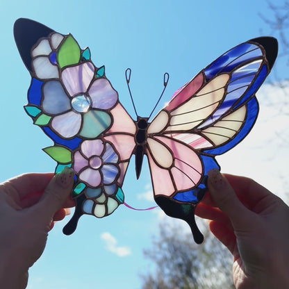 A lovely video highlighting a handcrafted stained glass butterfly, capturing how it beautifully enhances any shelf or space with its artistic design.