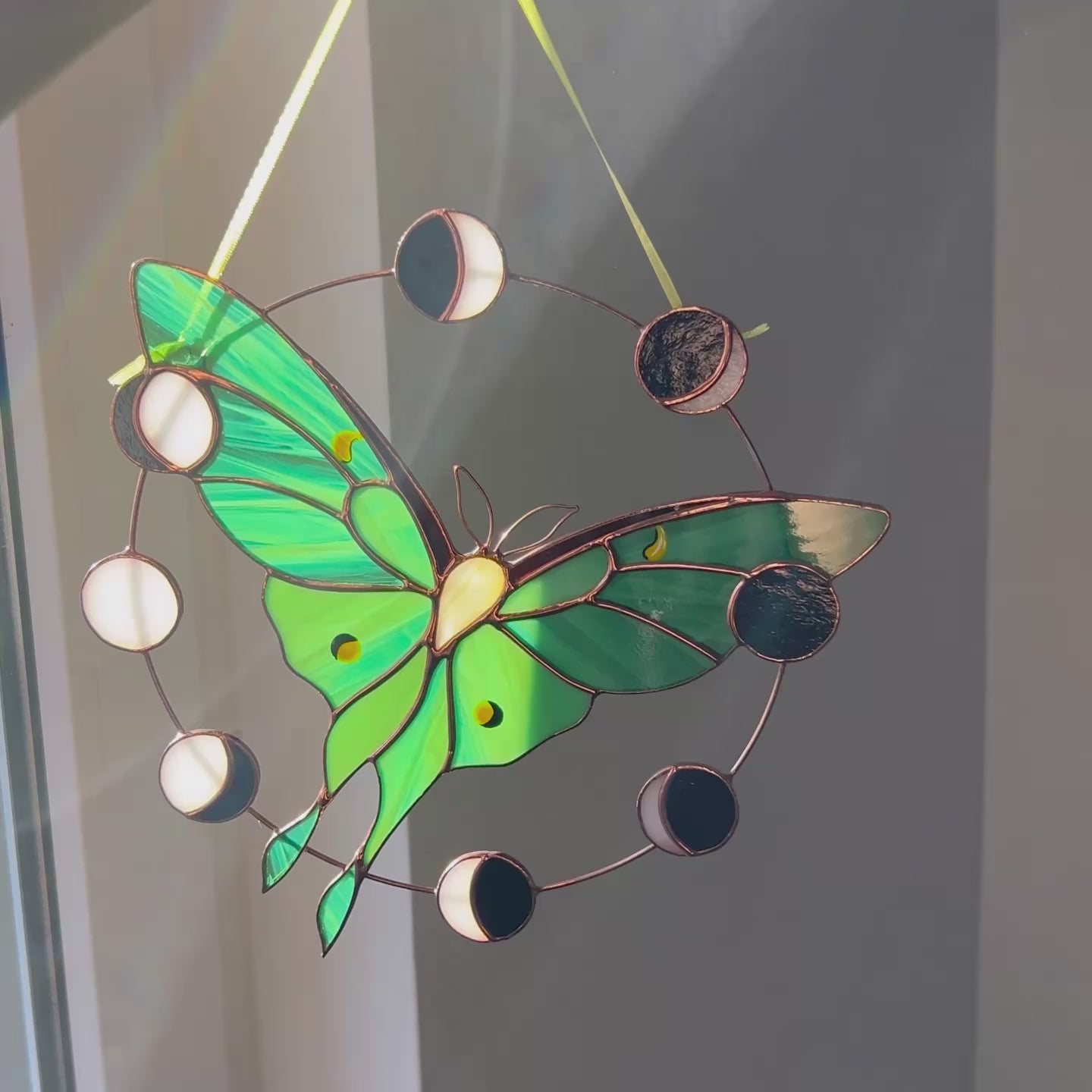 A delightful video showcasing a handcrafted stained glass luna moth, capturing its radiant colors and fine craftsmanship as a wonderful gift for any occasion.