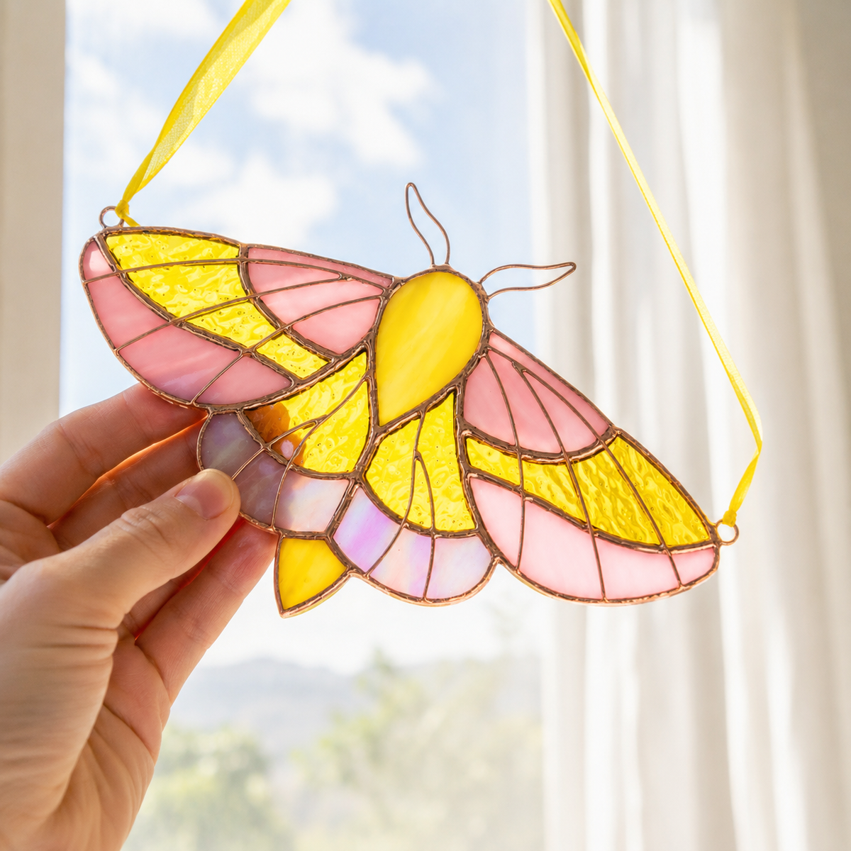 A stained-glass moth ornament with pink, yellow, and iridescent details, held by a hand in front of a bright window with white curtains.