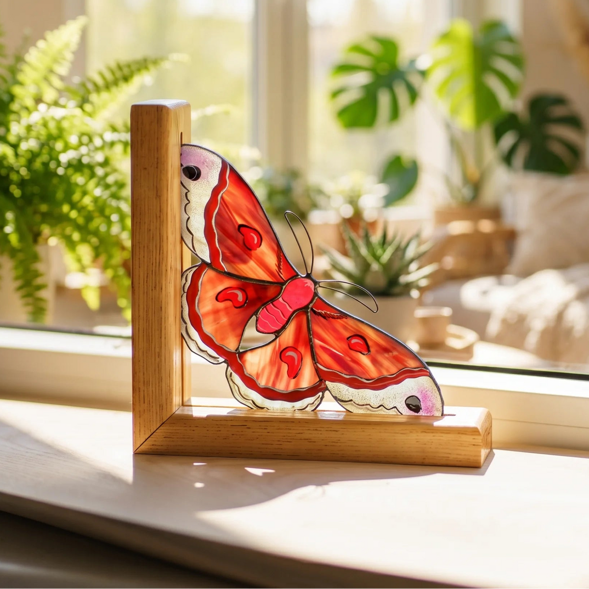 A bright red stained glass moth bookend positioned on a sunlit windowsill with indoor plants, ideal for gifting as a decorative piece.